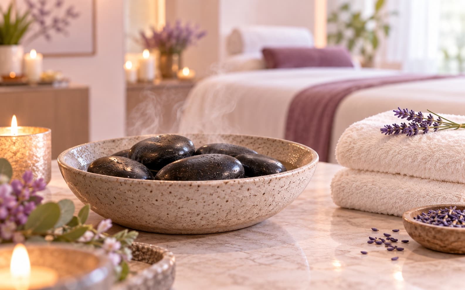Warm stones prepared for a private massage ritual